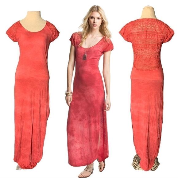 Red Maxi Dress Free People Bleach Dye Crocheted Lace Back Cotton Size Small - Picture 1 of 9
